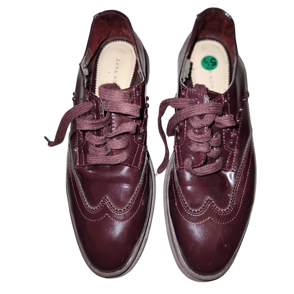 Zara Woman Burgundy Patent Platform Wingtip Brogue Oxford Shoes Size 5.5 36